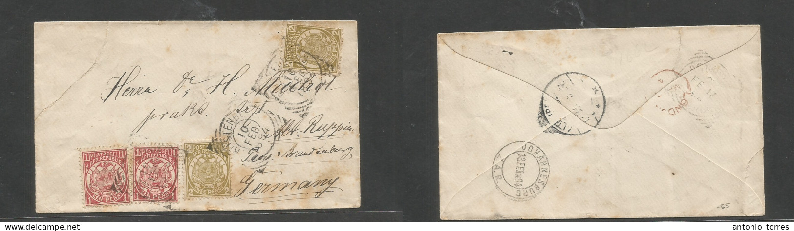 South Africa. 1894 (10 Febr) ZAR. Rustenburg - Germany, Branderburg (17 March) Via Joburg - London. Multifkd Envelope, A - Other & Unclassified