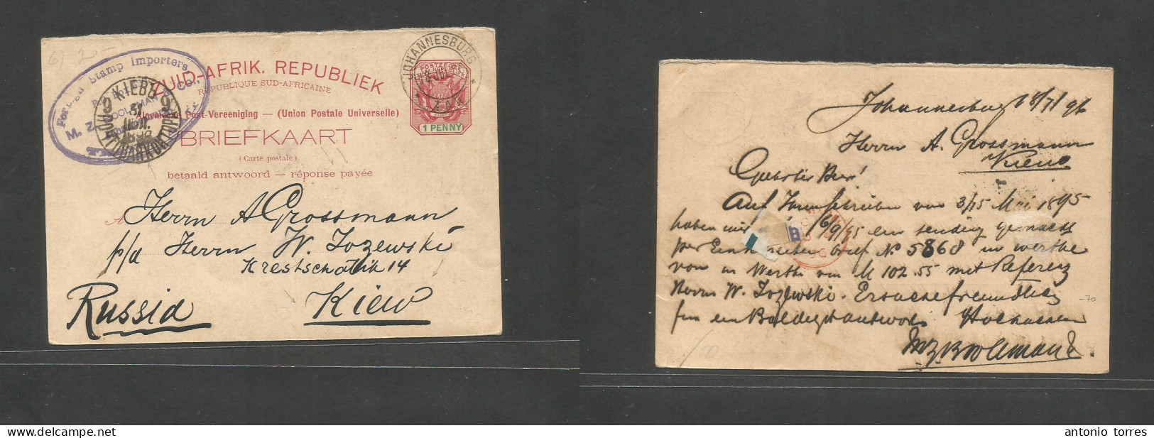 South Africa. 1896 (18 July) ZAR, Joburg - Russia, Kiev (Ukraine) (31 July, Gregorian) Via London. 1d Red Stat Card. - Otros & Sin Clasificación