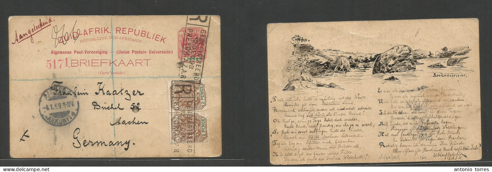 South Africa. 1898 (12 Dec) ZAR, Pretoria - Germany, Aachen (4 Jan 99) Registered Multifkd 1d Red Stat Card, Reverse "Cr - Sonstige & Ohne Zuordnung