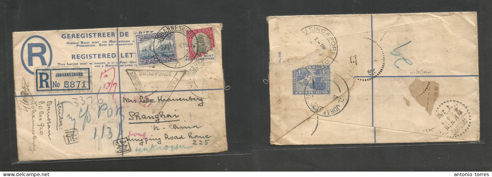 South Africa. 1940 (5 June) Joburg - CHINA, Shanghai, Japanese Occup Period. Registered Multifkd 4d Blue Stationary Enve - Sonstige & Ohne Zuordnung