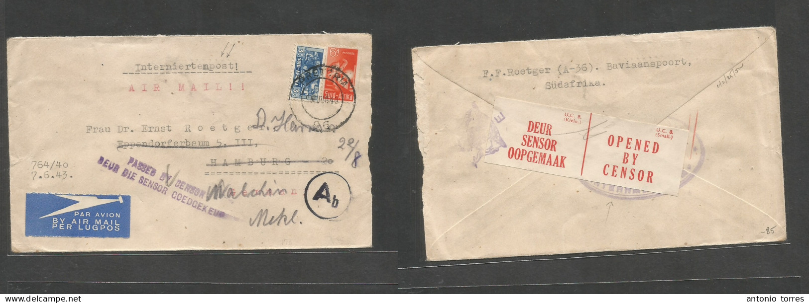 South Africa. 1943 (7 June) POW Internees Mail. Pretoria - Germany, Hamburg, Fwded Meckleburg. Air Multifkd Env Depart + - Other & Unclassified