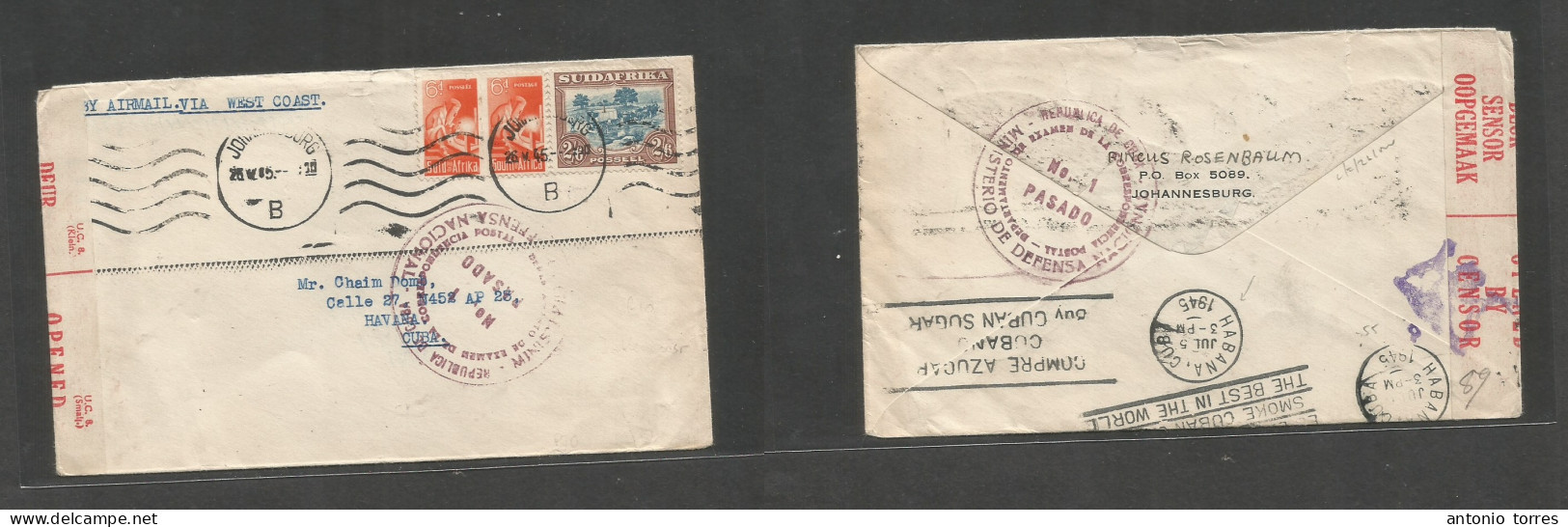 South Africa. 1945 (26 May) Joburg - Cuba, Habana (5 July) WWII Air Multifkd Env, Dual Censor Via West Africa Crest. Fin - Andere & Zonder Classificatie