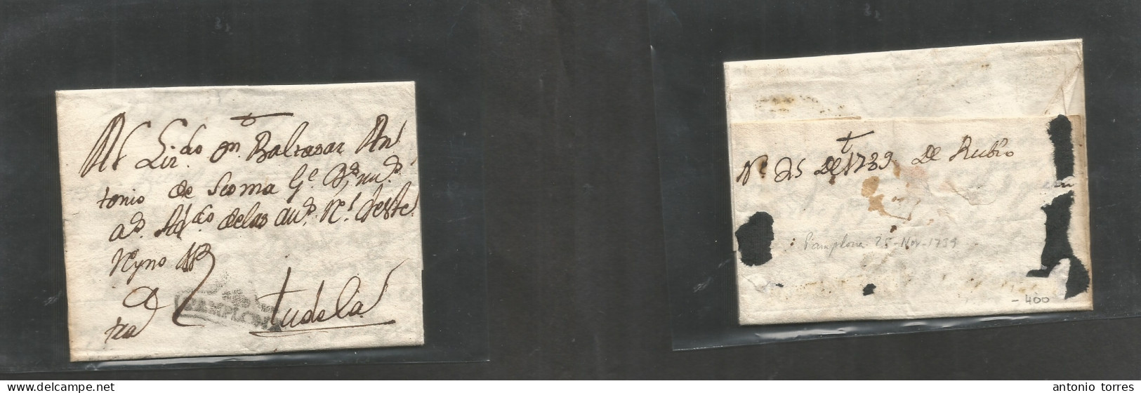 E-Prefilatelia. 1739 (25 Nov) Pamplona - Tudela. Carta Completa Con Texto, Marca Pamplona En Caja Con Ilustracion Y "Fra - Autres & Non Classés