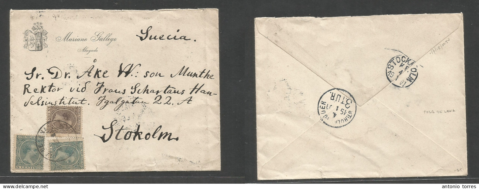 E-Alfonso Xiii. 1900 (31 Dec) 216 (2) 219. Pola De Lena, Oviedo - Suecia, Estocolmo (4 Ene 1901) Sobre Ilustrado Con Fra - Autres & Non Classés