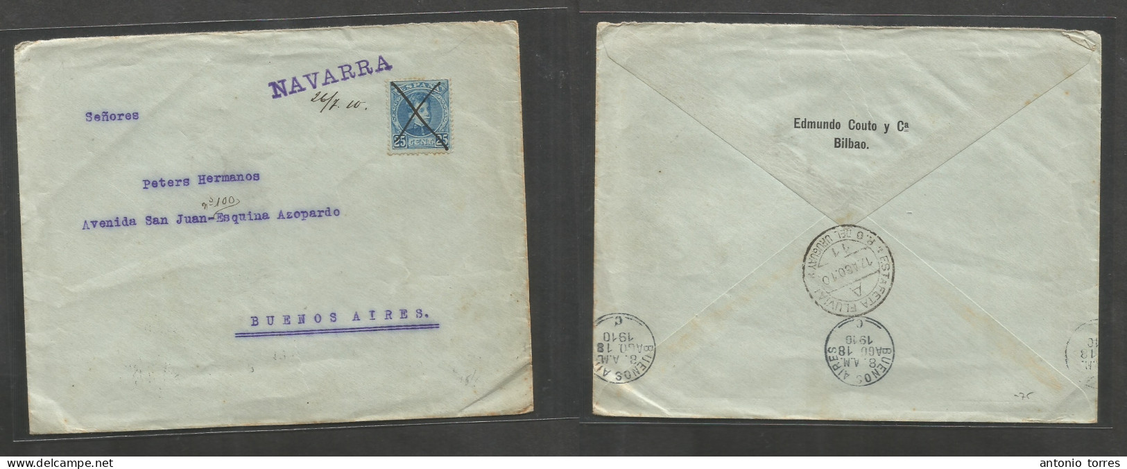 E-Alfonso Xiii. 1910 (26 Julio) 248. Bilbao - Argentina, Buenos Aires (18 Aug) Sobre Franqueo Single 25 St Marca Paquebo - Autres & Non Classés