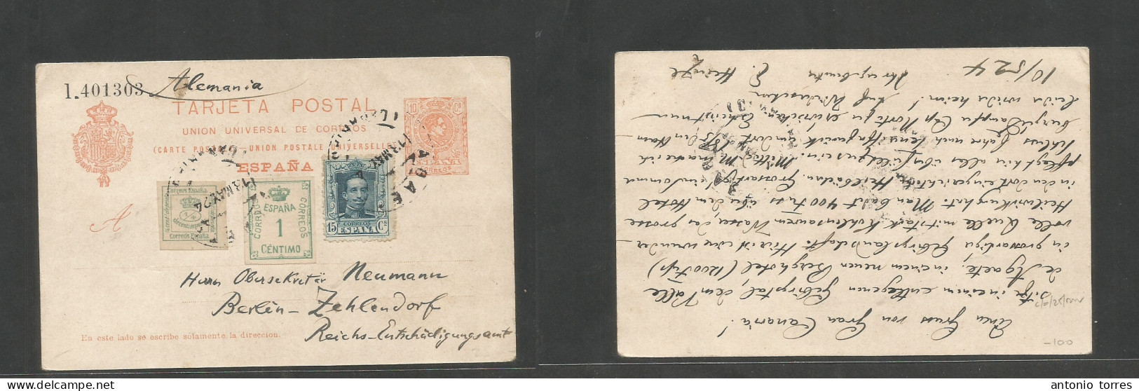 E-Enteros Postales. 1924 (13 Mayo) Agaete, Gran Canaria - Alemania, Berlin. EP Medallon 10c Naranja + 3 Sellos Adicional - Other & Unclassified