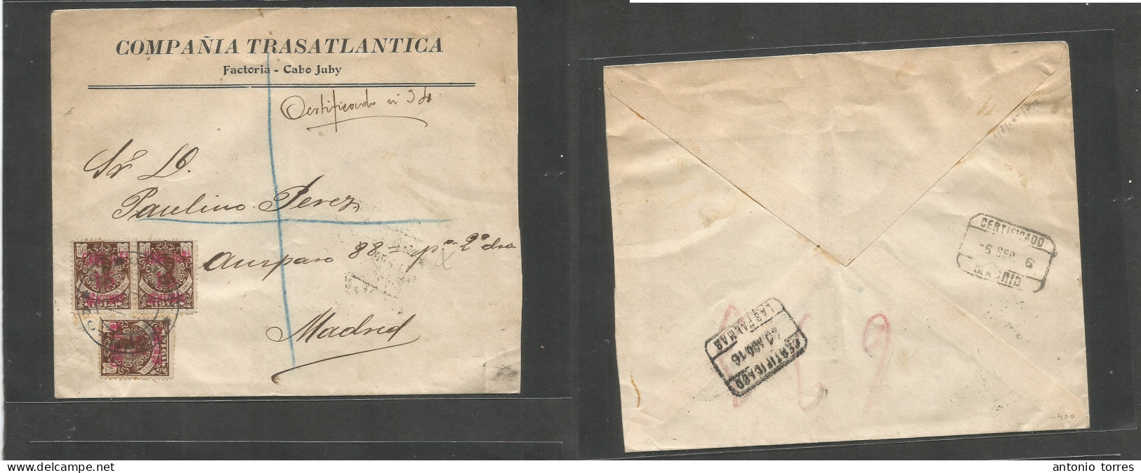 E-Cabo Juby. 1916 (Ago) GPO - Madrid (20 Aug) Via Las Palmas. Sobre Certificado Factoria Cª Transatlantic Con Tres Sello - Sonstige & Ohne Zuordnung