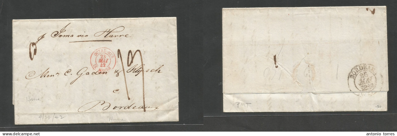 Cuba. 1842 (20 Apr) Habana - Francia, Bordeaux (26 May) Carta Con Texto Completa Via Francesa Le Havre "per Irma" Llegad - Other & Unclassified
