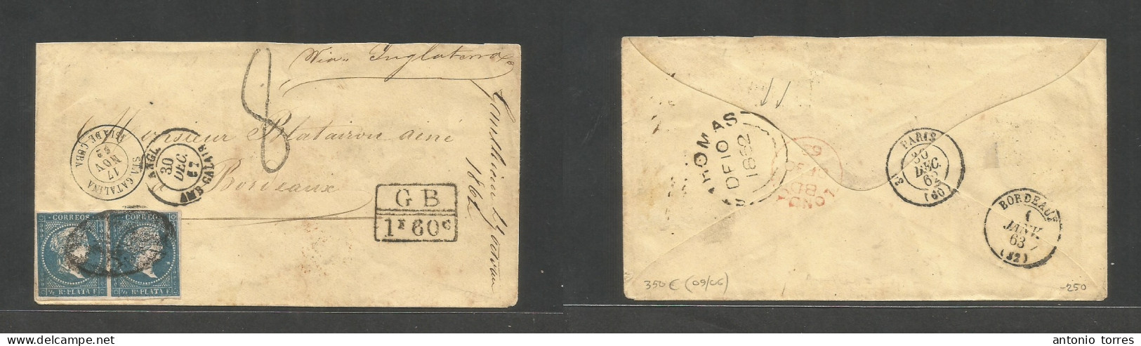 Cuba. 1862 (17 Nov) Santa Catalina - Francia, Burdeos (1 Enero 63) Sobre Via Inglesa Y San Thomas BPO Franqueo Pacific 1 - Other & Unclassified