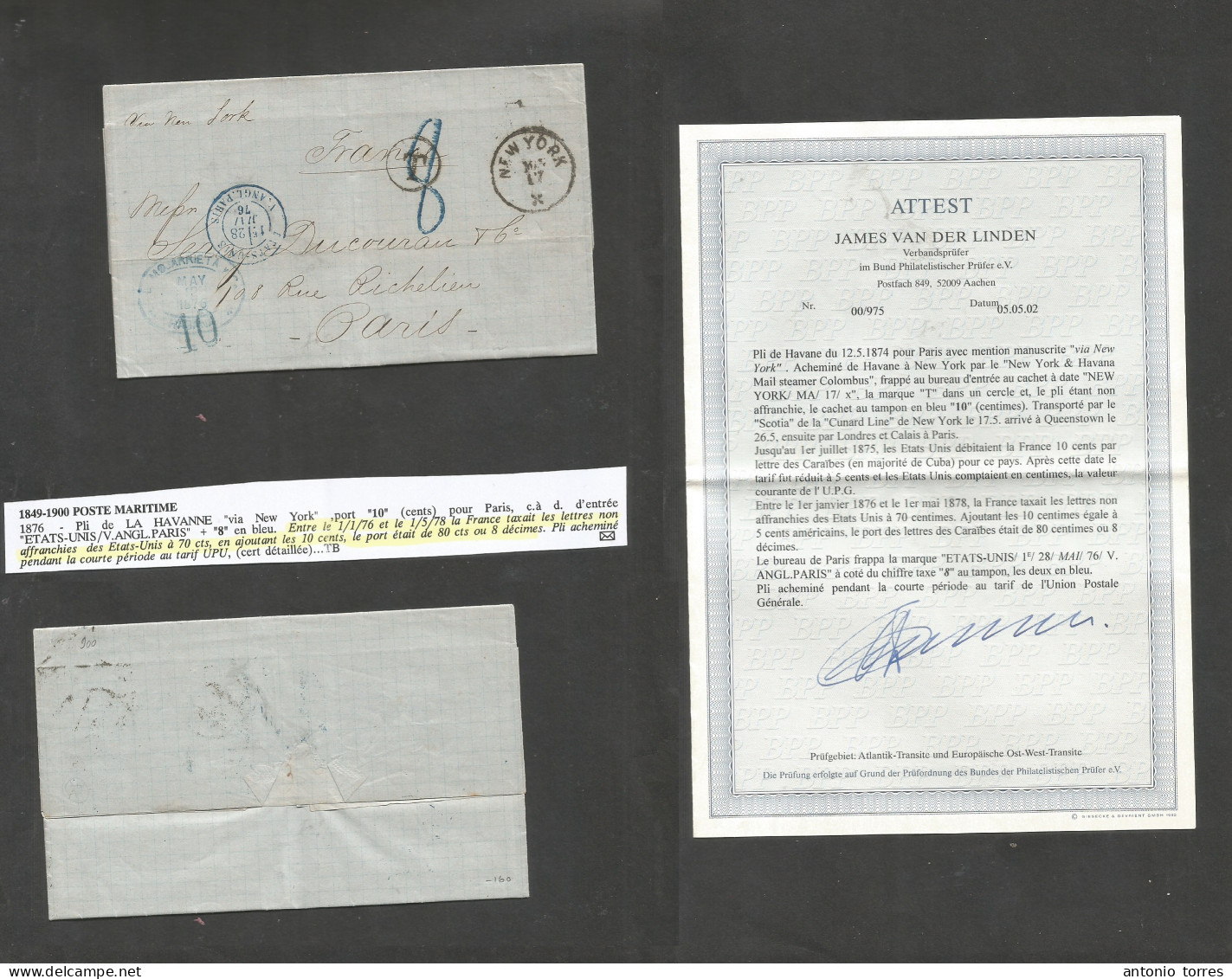 Cuba. 1876 (12 May) Habana - Francia, Paris (28 Jan) Via NY. Carta Con Texto Cto, Via USA Pago 10 Centimos Y Marca Cargo - Andere & Zonder Classificatie