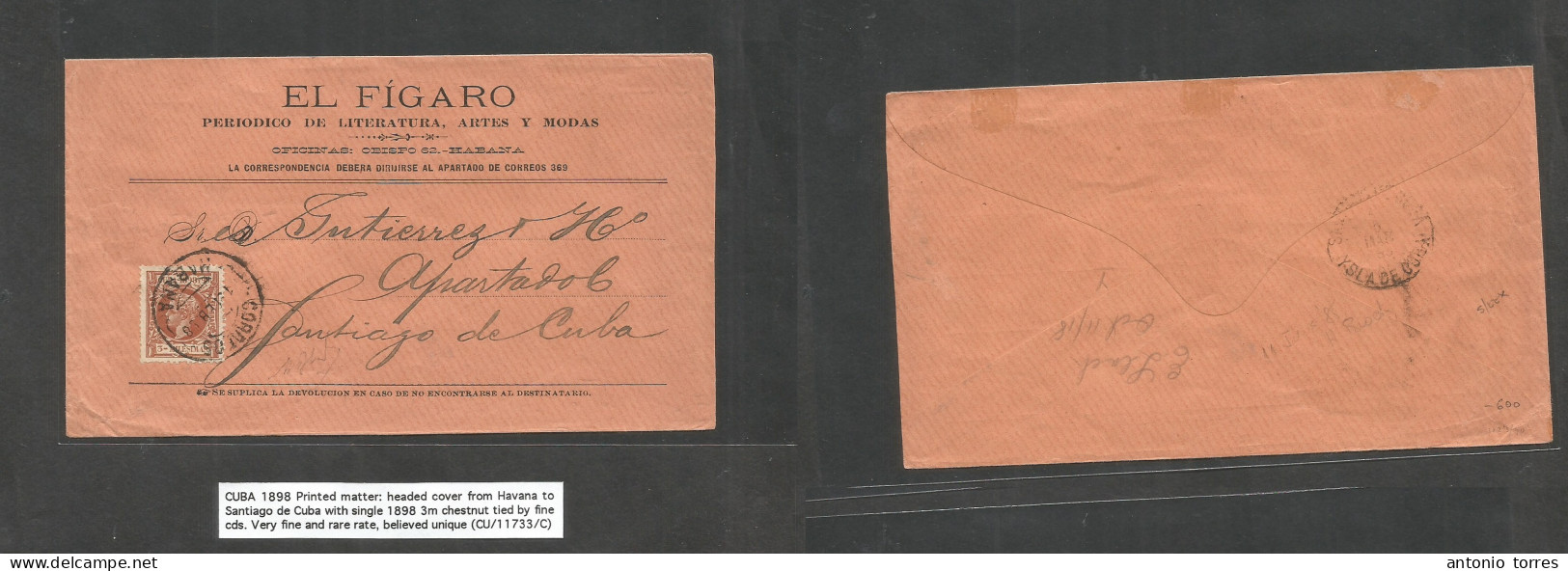 Cuba. 1898 (19 Feb) Habana - Santiago (15 Marzo) Sobre Comercial Franqueo 3ms Marron Envios 1898-9 Mat Fecha. Rarisimo C - Sonstige & Ohne Zuordnung