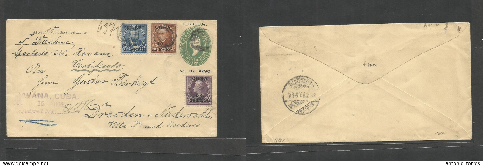 Cuba. 1899 (15 July) US Military Mail. Havana - Germany, Dresden (29 July) Registered US 2c Green Ovptd Cuba + 3 Adtls A - Sonstige & Ohne Zuordnung