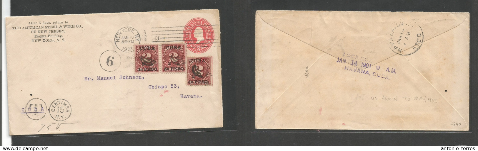 Cuba. 1901 (10 Jan) USA, NYC - Habana. US 2c Red Stat Env Poste Print. American Steel, Taxed + Arrival Cuba Ovptd (x3) P - Otros & Sin Clasificación