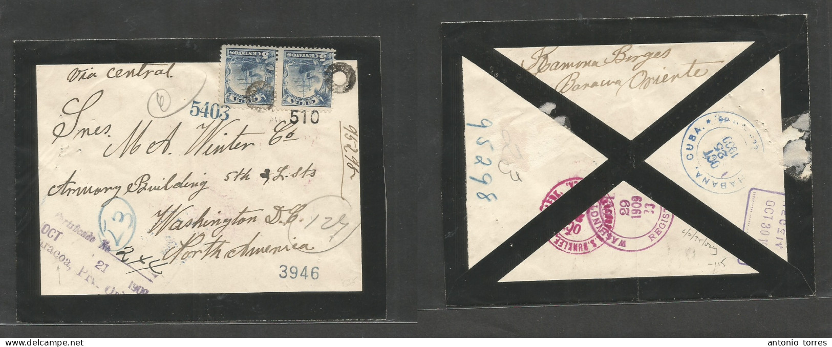 Cuba. 1909 (21 Oct) Baracoa, Oriente - USA, Washington (29 Oct) Sobre Certificado Tarifa 10cts, Mat Cert De Salida. Tran - Sonstige & Ohne Zuordnung