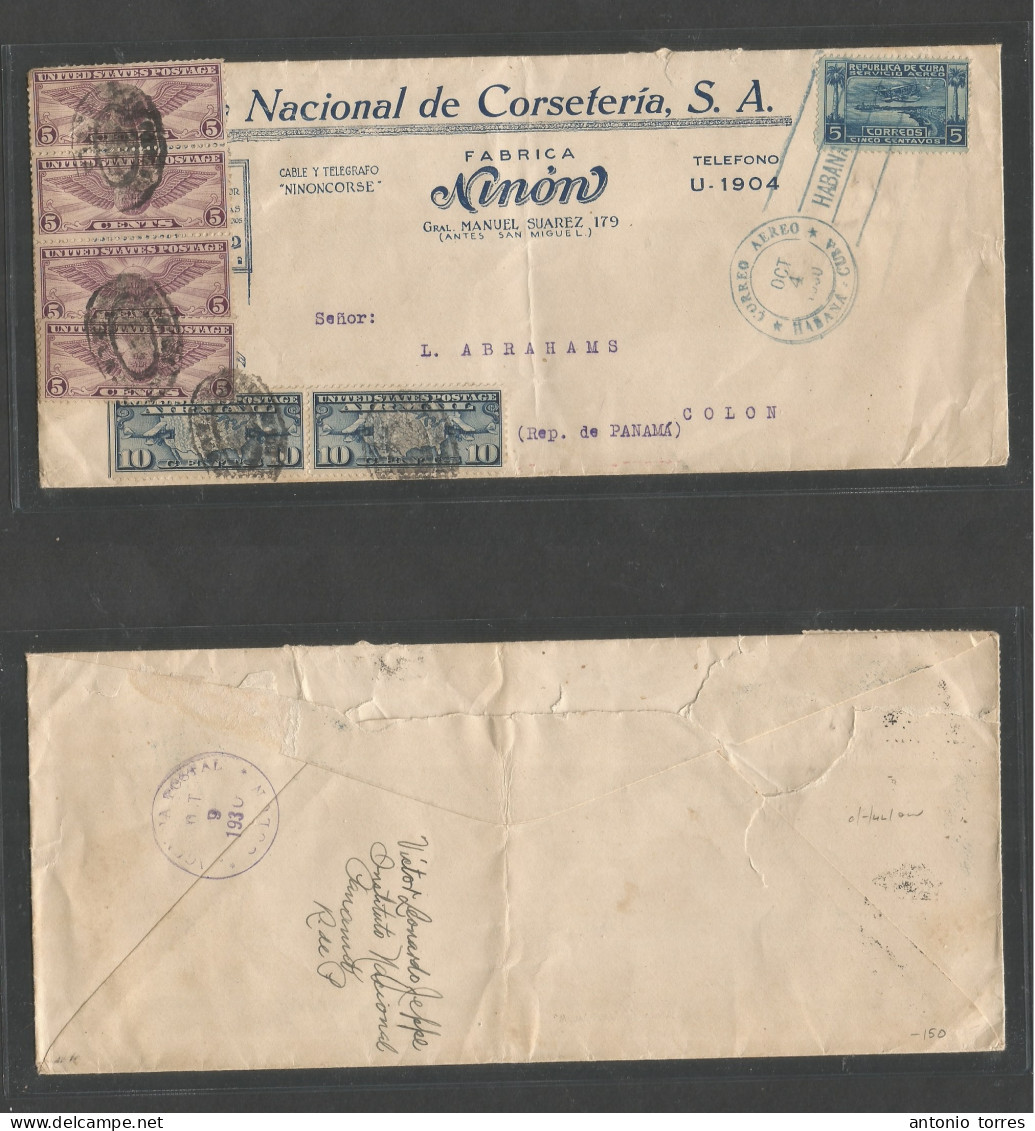 Cuba. 1930 (4 Oct) Habana - Panama, Colon (9 Oct) Comercial Multifkd Mixed Env Incl 5c Blue + US Airs (x6) Incl 5c (x4) - Sonstige & Ohne Zuordnung