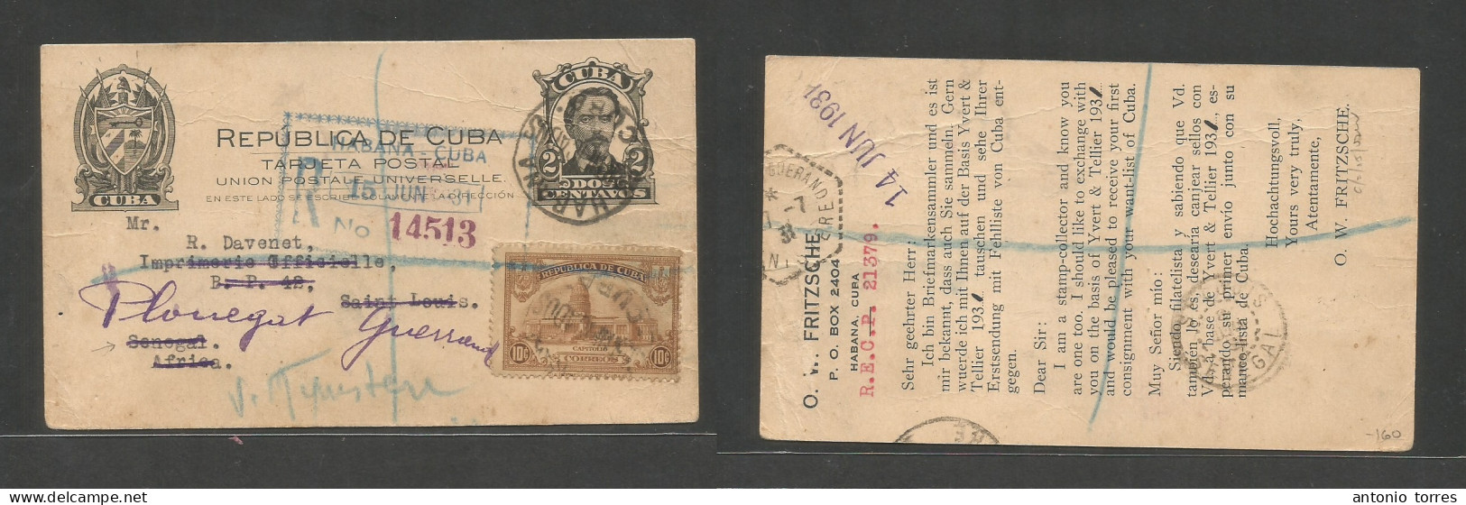 Cuba - Stationery. 1931 (14 Junio) Habana - Africa, Senegal, St Louis (8 Julio) Talco Postal 2c Negro + 10c Certificado, - Autres & Non Classés