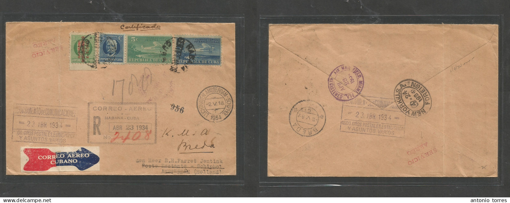 CUBA. 1934 (23 April) Habana - Holanda, Breda (5 May) Sobre Certificado Via Aerea Franqueo Multiple Via Miami - NY Dorso - Autres & Non Classés