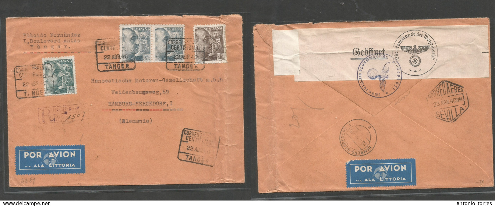 Marruecos. 1940 (22 April) Tanger, Oficina Española - Alemania, Hamburgo (28 April) Via Sevilla / Tablada Correo Aereo. - Maroc (1956-...)