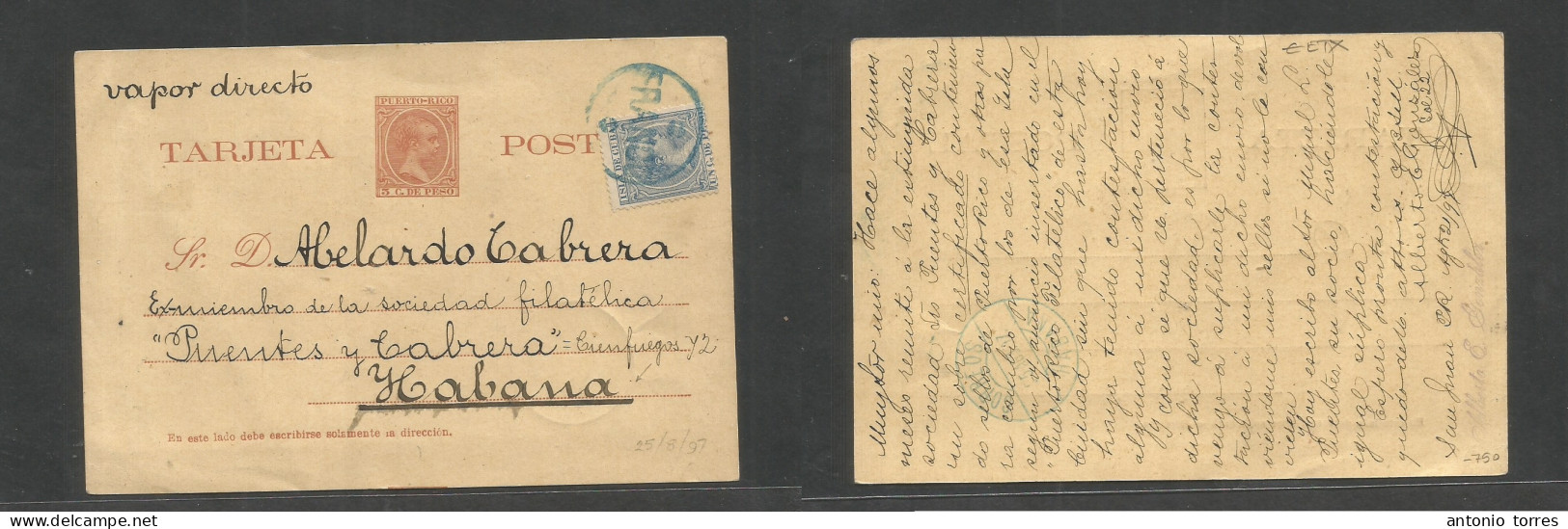 Puerto Rico. 1897 (21 Aug) San Juan - Cuba, Habana. EP 5c Marrón Pelón + 1c Azul, Mat "Franco" Azul En Circulo "Por Vapo - Porto Rico