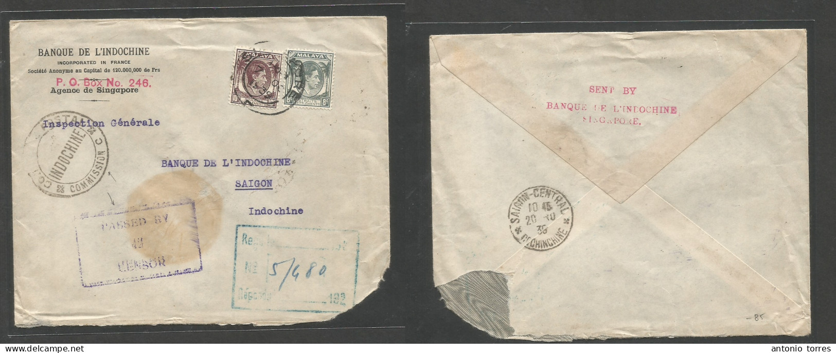 Straits Settlements Singapore. 1939 (7 Oct) Singapore - Indochina, Saigon (20 Oct) Multifkd Env, Tied Cds. Sing + Indoch - Singapore (1959-...)