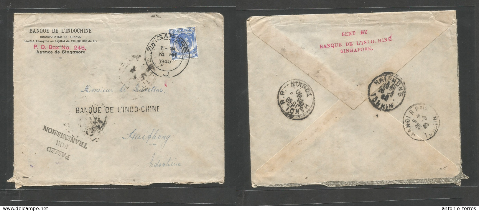 Straits Settlements Singapore. 1940 (14 March) Sing - Indochina, Haiphorg (28 April) Via Hanoi. Single 12c Blue Fkd Come - Singapore (1959-...)