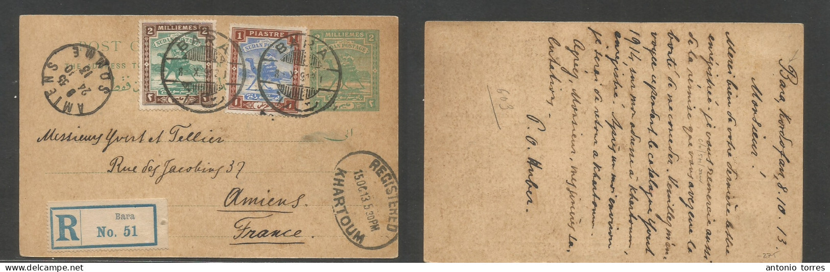 Sudan. 1913 (8 Oct) Bara, Kordofan - France, Amiens (24 Oct) Registered Multifkd 2ms Green Stat Card. Via Khartoum, Tied - Soudan (1954-...)