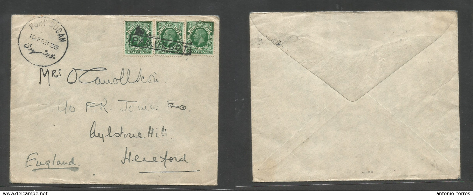 Sudan. 1936 (10 Febr) Port Sudan - England, Herseford, Aylstone Hill. GB Multifkd Envelope At 1 1/2d Rate Stline "paqueb - Soedan (1954-...)