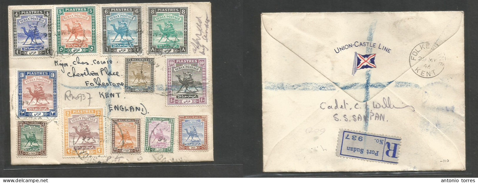 Sudan. 1946 (May 24) Port Sudan - England, Kent, Folkestone (29 May) Registered Multifkd Envelope. 13 Diff Values, Small - Sudan (1954-...)