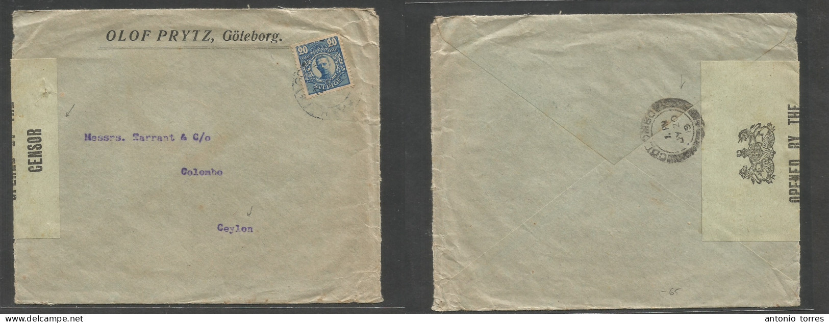 Sweden. 1919 (June) Goteborg - Ceylon, Colombo, Indian Ocean (/July 20) Single 20 Ore Blue Fkd Comercial Envelope, Tied - Sonstige & Ohne Zuordnung