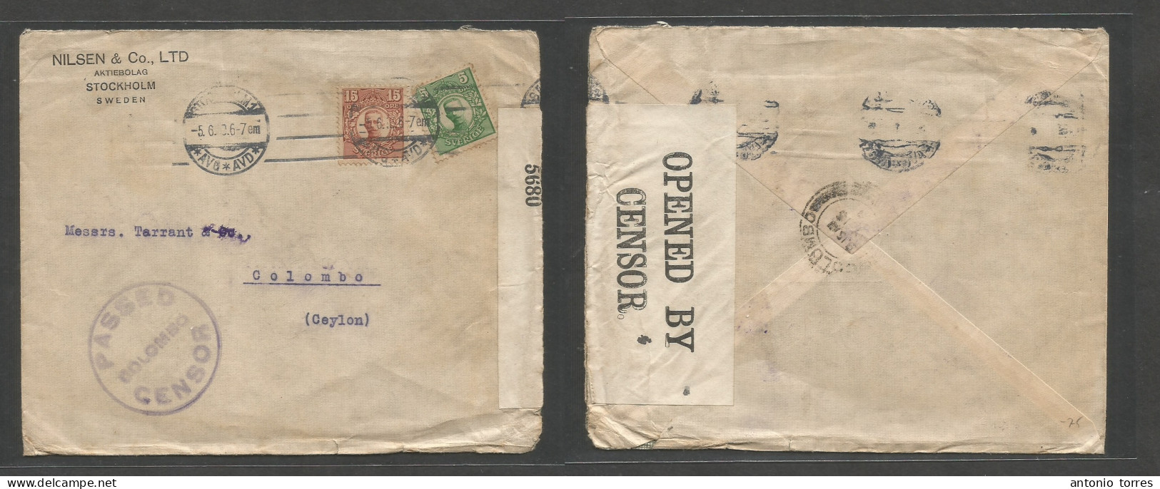 Sweden. 1919 (5 June) Stockholm - Ceylon, Colombo, Indian Ocean (July 15) Comercial Multifkd Env At 15 Ore Rate, Arrival - Autres & Non Classés
