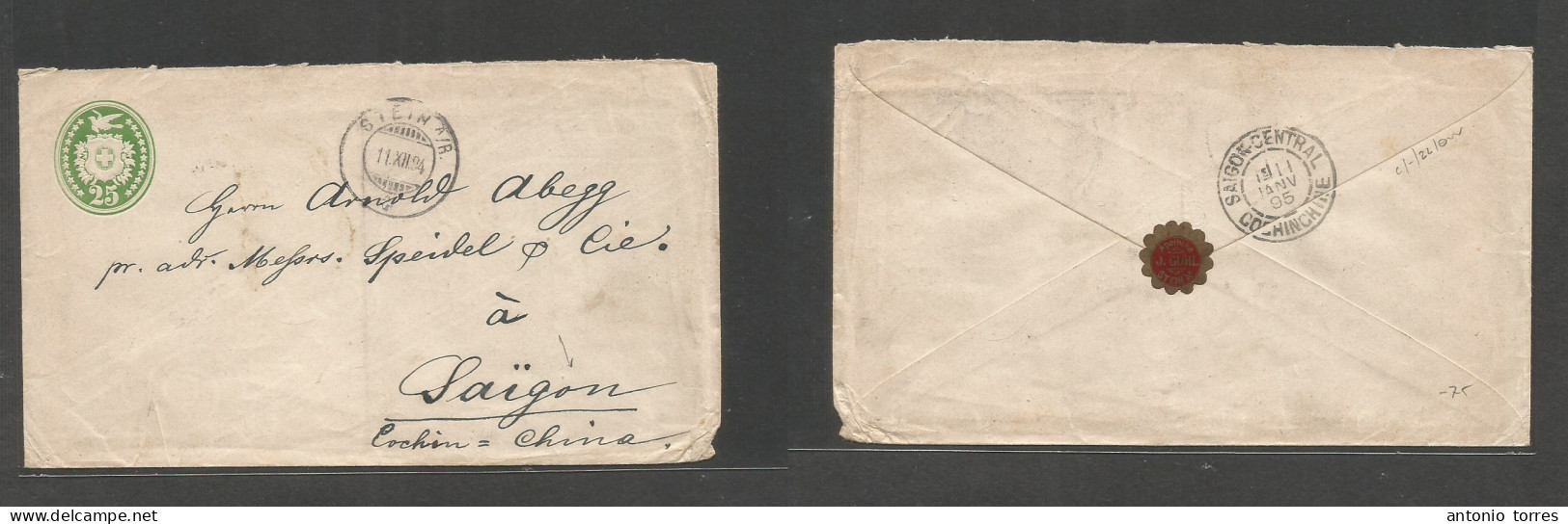 Switzerland - Stationery. 1894 (11 Dec) Stein A/R - Indochina, Saigon (11 Jan 95) 25c Green Embossed Stationary Envelope - Sonstige & Ohne Zuordnung