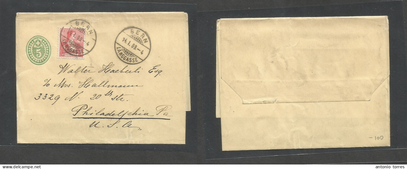 Switzerland - Stationery. 1908 (14 Jan) Bern - USA, Philadephia, PA. 5c Green Stat Complete Wrapper + 10c Red Adtl, Tied - Sonstige & Ohne Zuordnung