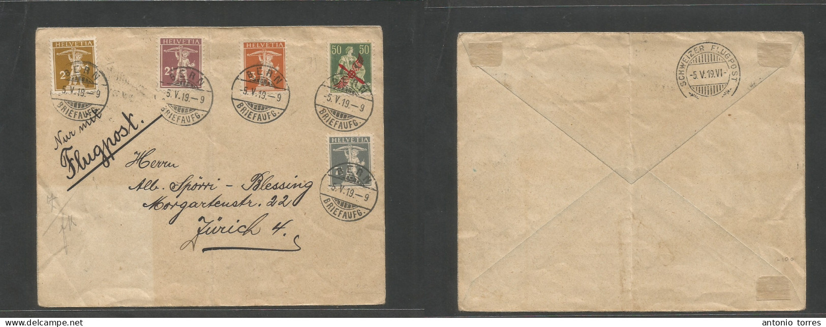 Switzerland. 1919 (5 May) Bern - Zurich. Airmail Multifkd Envelope. Reverse Air Cachet. Fine + Scarce Item. Includes Ove - Other & Unclassified