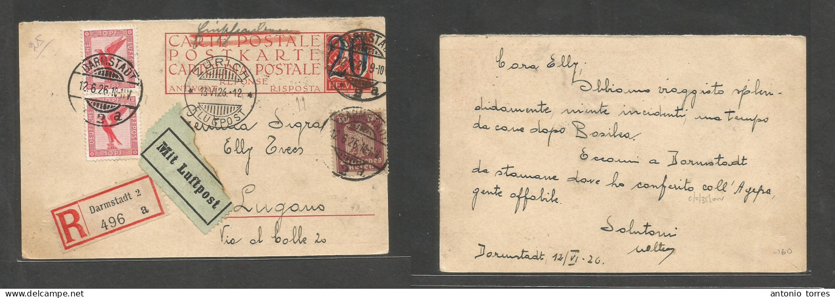 Switzerland - Stationary. 1926 (12 June) Reply Half Stat Card Proper Usage. Germany, Darmstadt - Lugano. Via Zurich (13 - Other & Unclassified