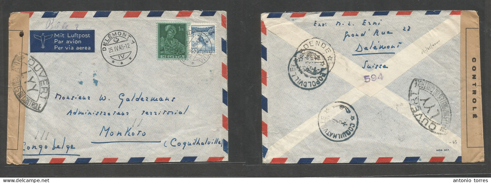 Switzerland - Xx. 1945 (25 April) Delemont 2 - Belgian Congo, Monkoto, Boende (6 June) Via Leopoldville - Coquithoville. - Autres & Non Classés