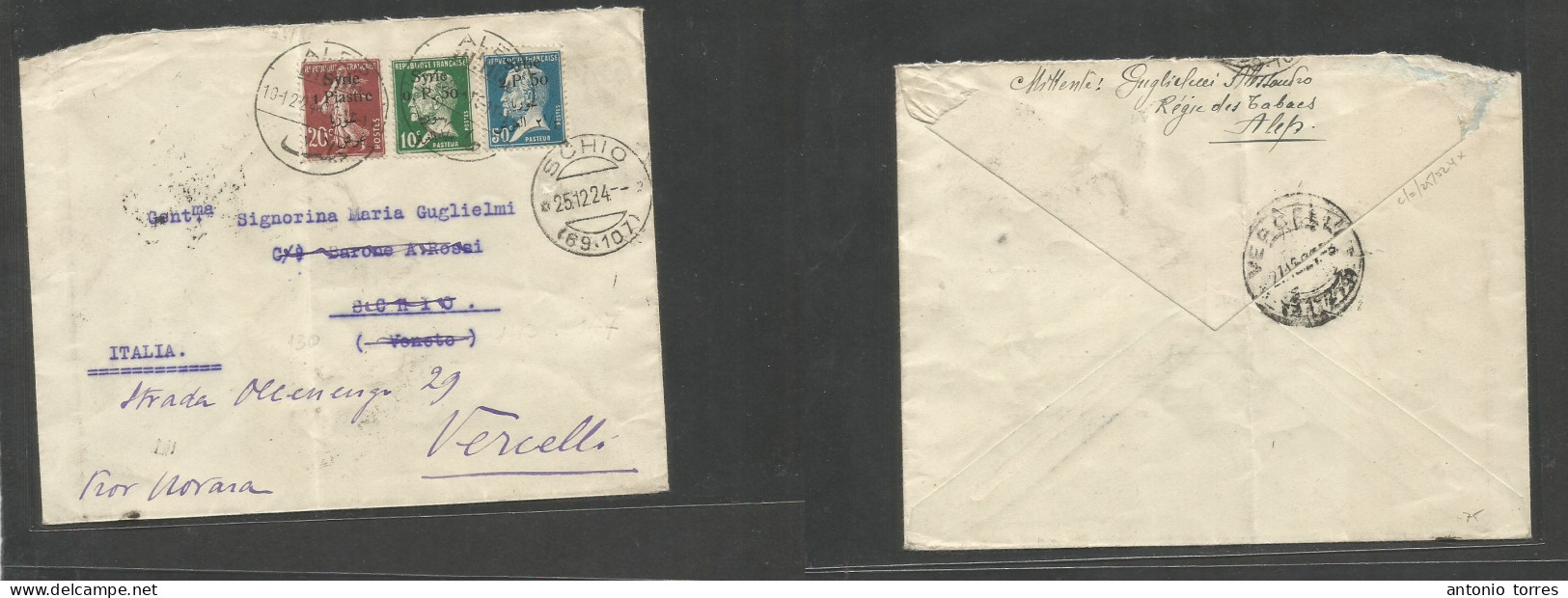 Syria. 1924 (10 Dec) France Overprinted. Alep - Italy, Schio, Veneto (25 Dec) Tricolor Tied Cds Multifkd Envelope, Fwded - Syrien