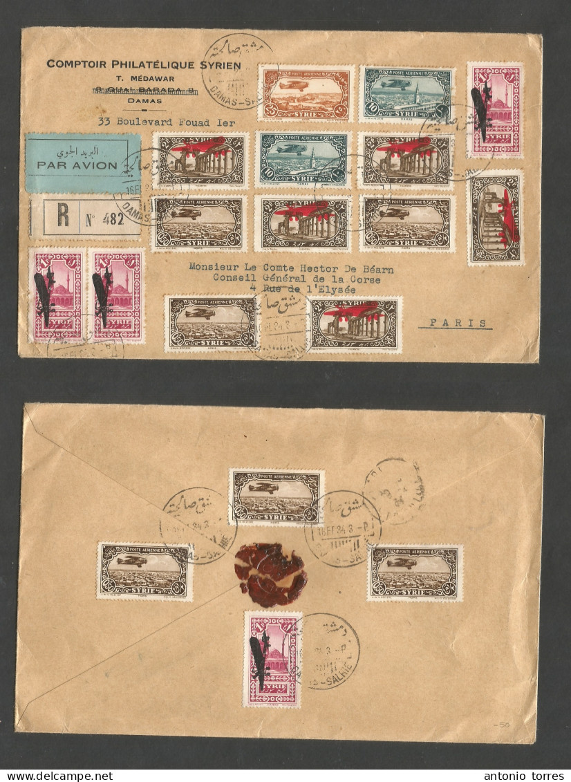 Syria. 1934 (16 Febr) Damas Salhie - France, Paris (19 Febr) Registered Air Multifkd Front + Reverse Incl Ovptd Issue. 1 - Syrien