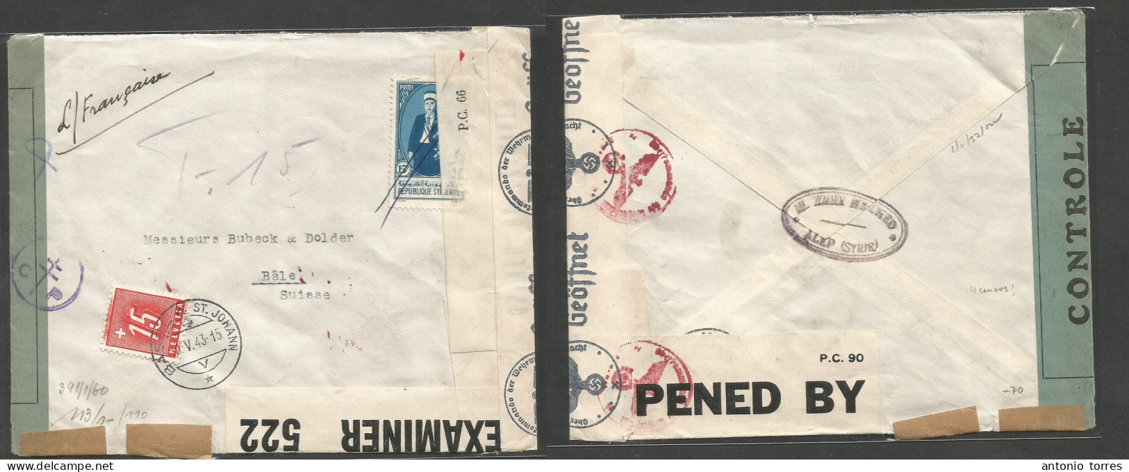 Syria. 1943. Alep - Switzerland, Basel (10 May) Single Fkd Envelope, Taxed + Arrival Swiss P. Due, Tied Cds. Triple Cens - Syrië