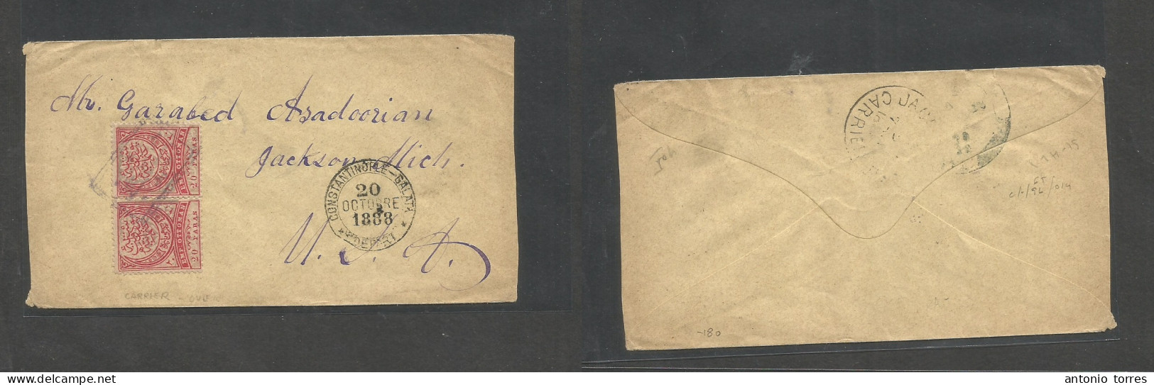Turkey. 1888 (October) Armenian Correspondance. 40 Para Rate Multifkd Envelope To USA, Jackson, Mich, Tied Town Name Box - Andere & Zonder Classificatie