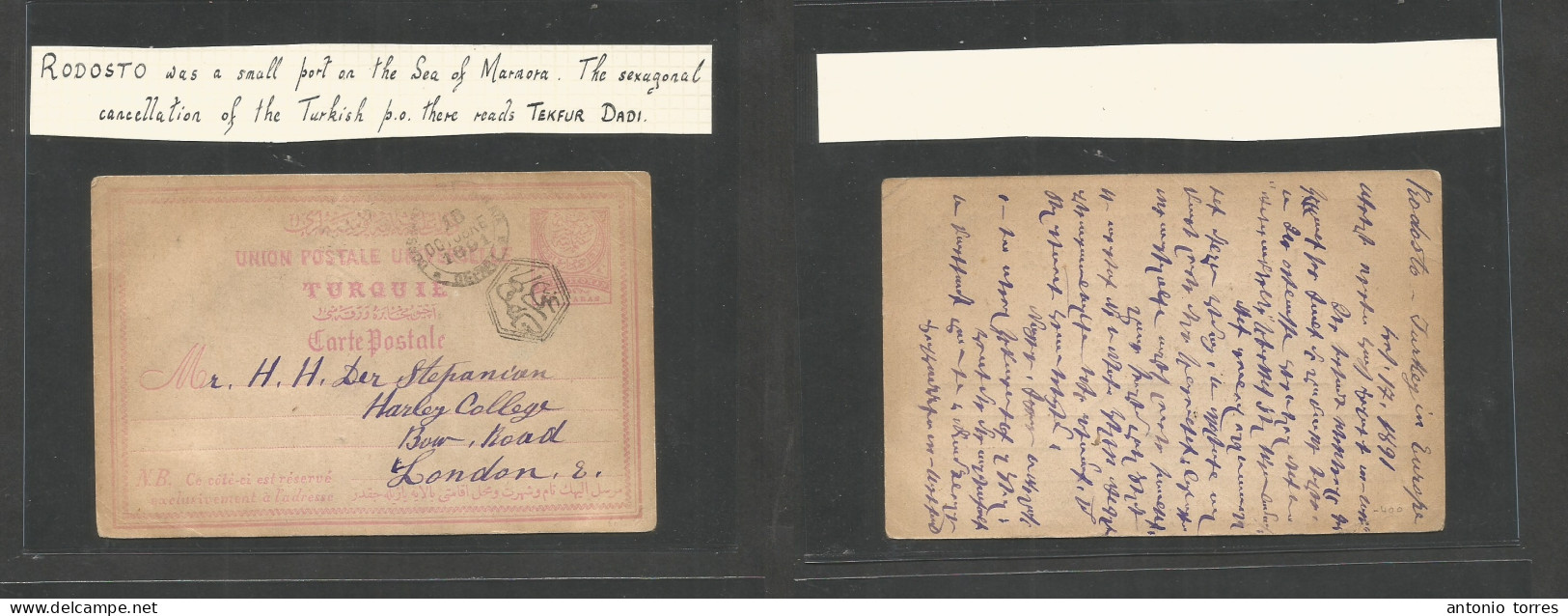 Turkey. 1891 (17 Oct) Rodosto, Turkish PO - London, UK Via Constantinople. 20p Lilac Stat Card, Depart Hexagonal Cachet - Andere & Zonder Classificatie