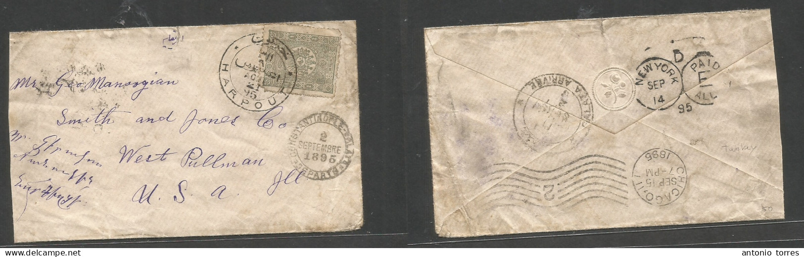 Turkey. 1895 (21 Aug) Harpout - USA, West Pullman, Ill (Sept 15) 1pi Green Fkd Env, Bilingual Depart Cachet Via Constant - Other & Unclassified