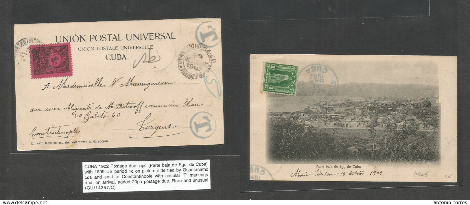 Cuba. 1902 (10 Oct) Santiago - Turkey, Constantinople (30 Oct) Fkd Ppc + Taxed 20 Par On Postage Due, Tied Arrival Cds + - Autres & Non Classés