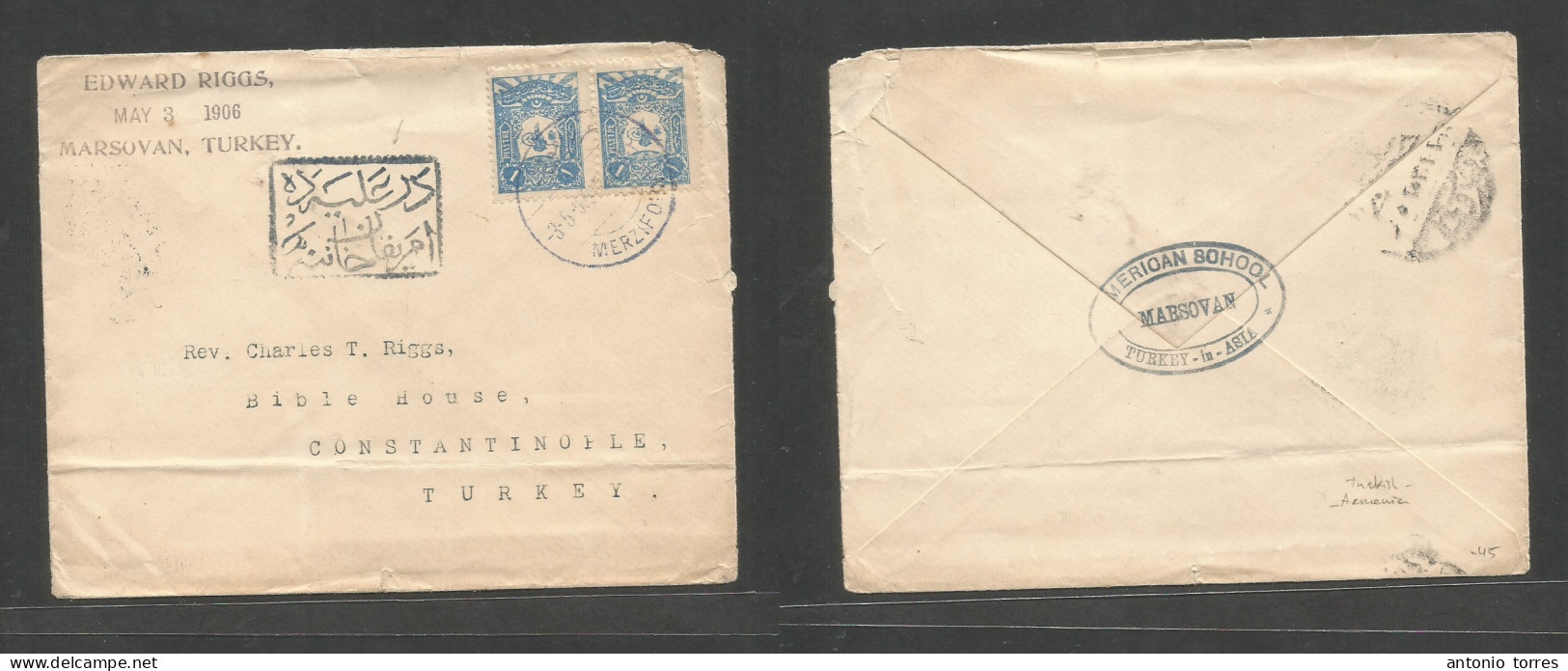 Turkey. 1906 (3 May) Merzifoun, Marsovan, Turkish Armenia - Constantinople. Multifkd Env At 2 Pi Rate, Tied Bilingual Cd - Other & Unclassified