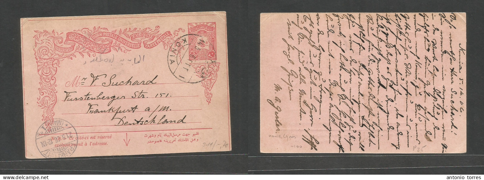 Turkey. 1906 (14 May) Konia, Cyprus - Germany, Frankfurt (21 May) 20p Rose Stat Card, Bilingual Cachet + Arrival Cds Alo - Other & Unclassified