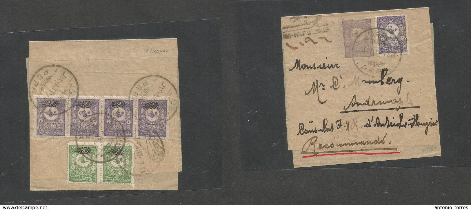 Turkey. 1908. Pera - Andrinople. Registered Multifkd Reverse + Front 5 Para Lilac Complete Stationary Wrapper, Tied Cds - Andere & Zonder Classificatie