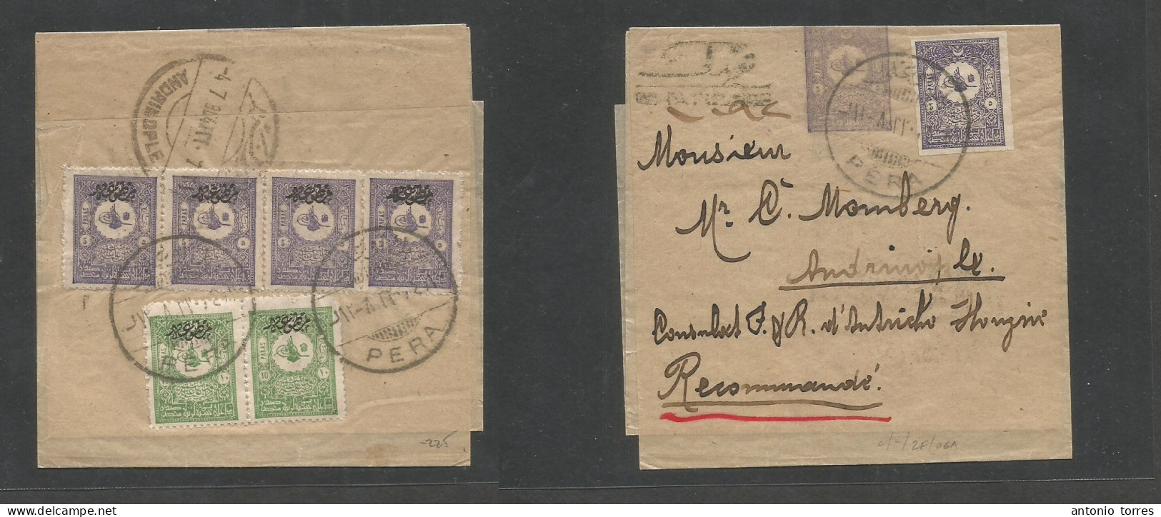 Turkey. 1908. Pera. Andrinople. Registered Multifkd Front And Reverse 5 Para Lilac Stationery Complete Wrapper, Tied Cds - Sonstige & Ohne Zuordnung