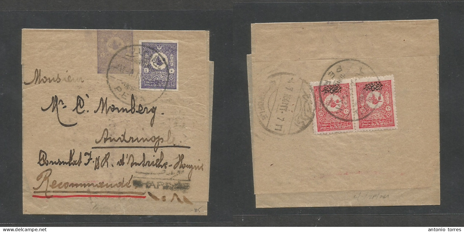 Turkey. 1908. Pera - Andrinople. Registered Multifkd Front And Reverse. 5 Para Lilac Stat Complete Wrapper, Tied Cds + R - Sonstige & Ohne Zuordnung