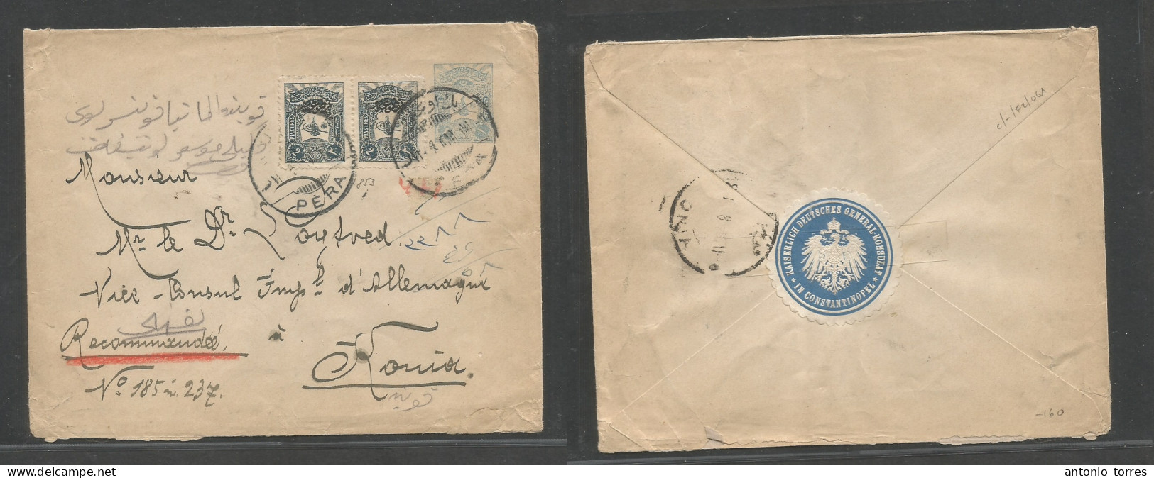 Turkey. 1908. Pera - Konia, Cyprus. Registered 1pi Blue Stat Envelope + 2 Ovptd Adtl, Tied Cds, Mns R-cachet Arrival Cds - Autres & Non Classés