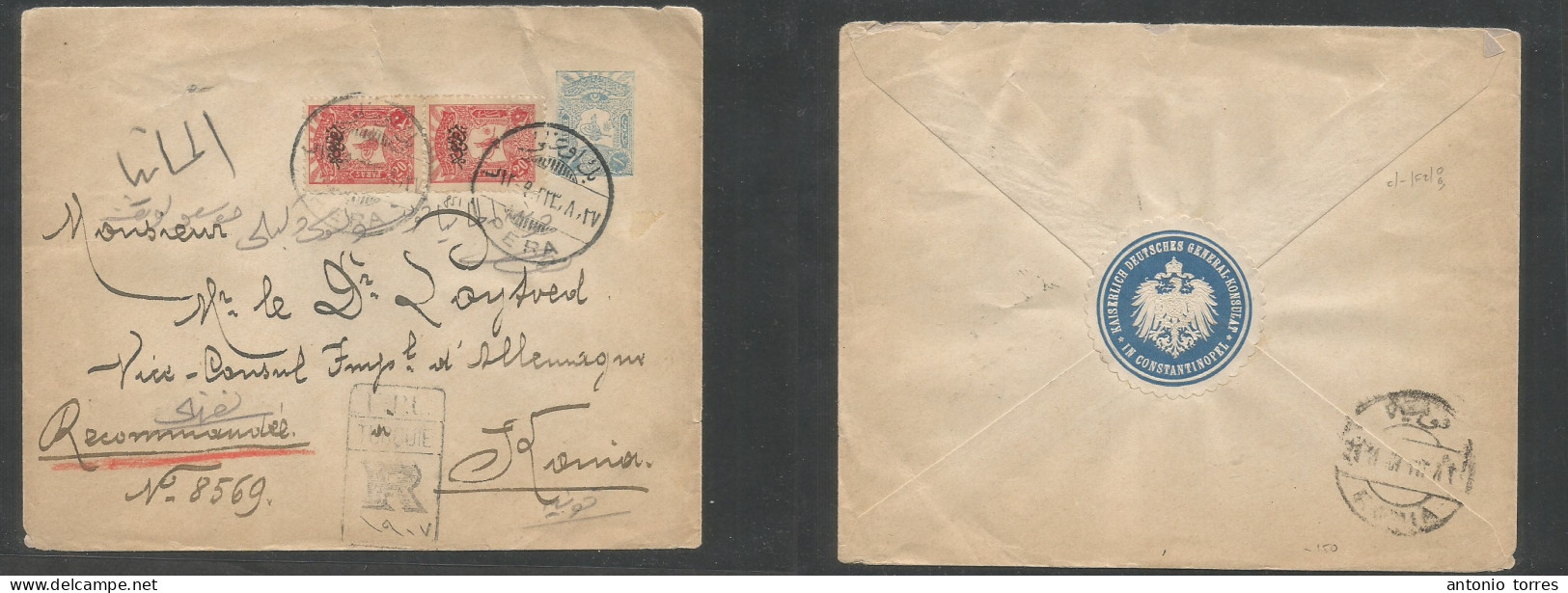 Turkey. C. 1908. Pera - Konia, Cyprus. Registered Multifkd Ovpts Issue 1pi Blue Stationary Envelope, Tied Cds, R-cachet - Sonstige & Ohne Zuordnung
