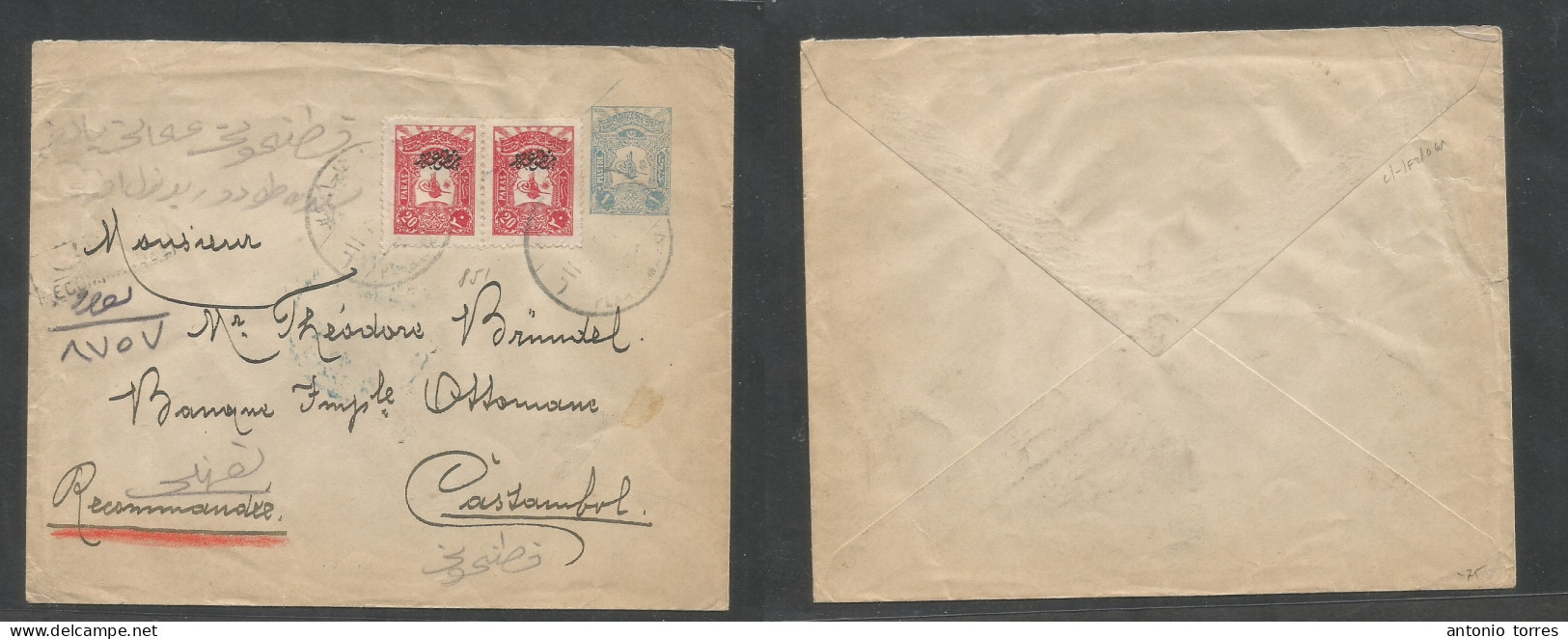 Turkey. C. 1908. Pera - Castambul. Registered Local 1pi Blue Stationary Envelope + 2 Red Ovptd Adtl Stamps, Tied Cds + R - Andere & Zonder Classificatie